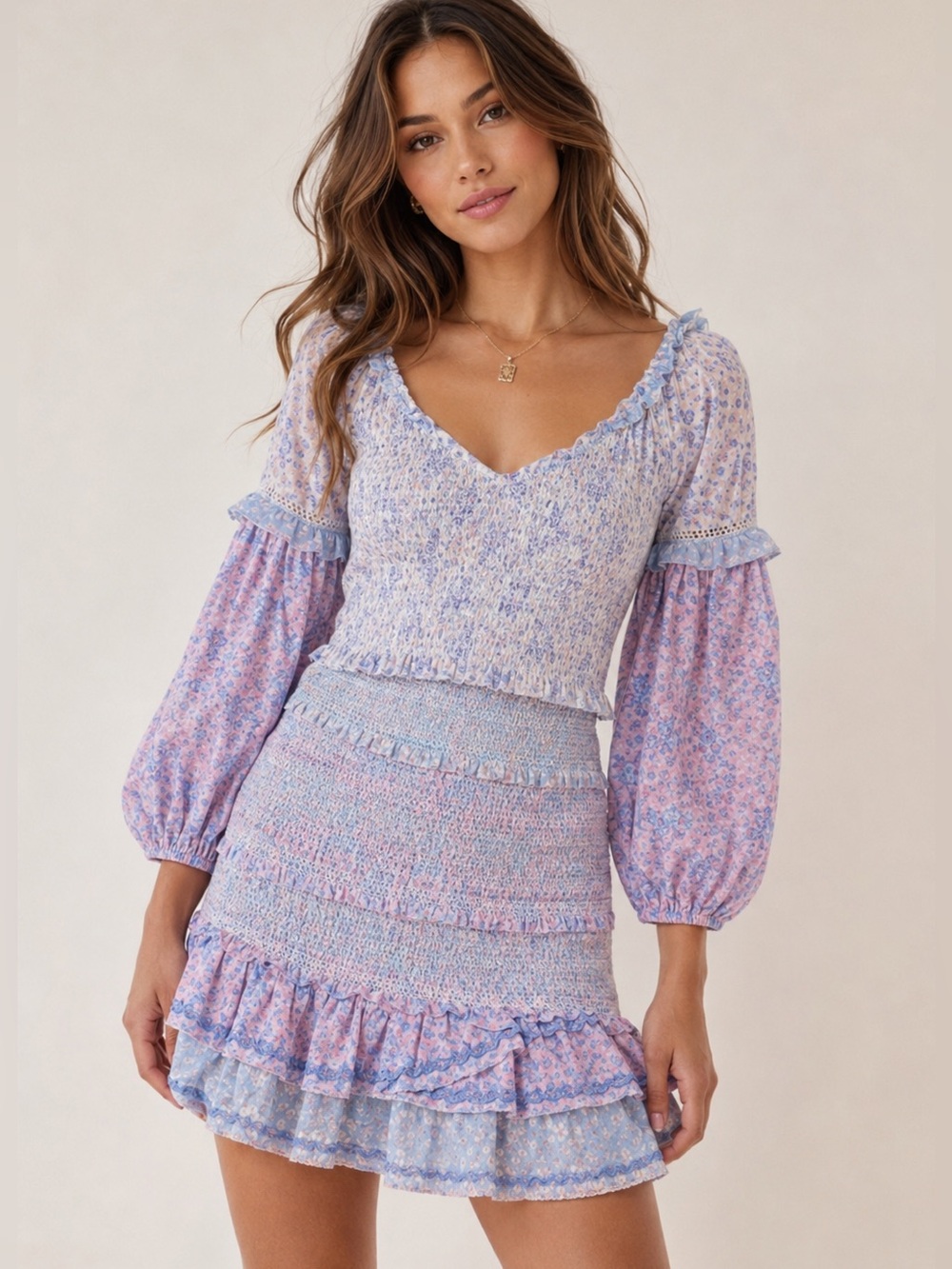 LoveShackFancy Ensley Medium Cottagecore Floral Pink Blue Smocked Mini Dress